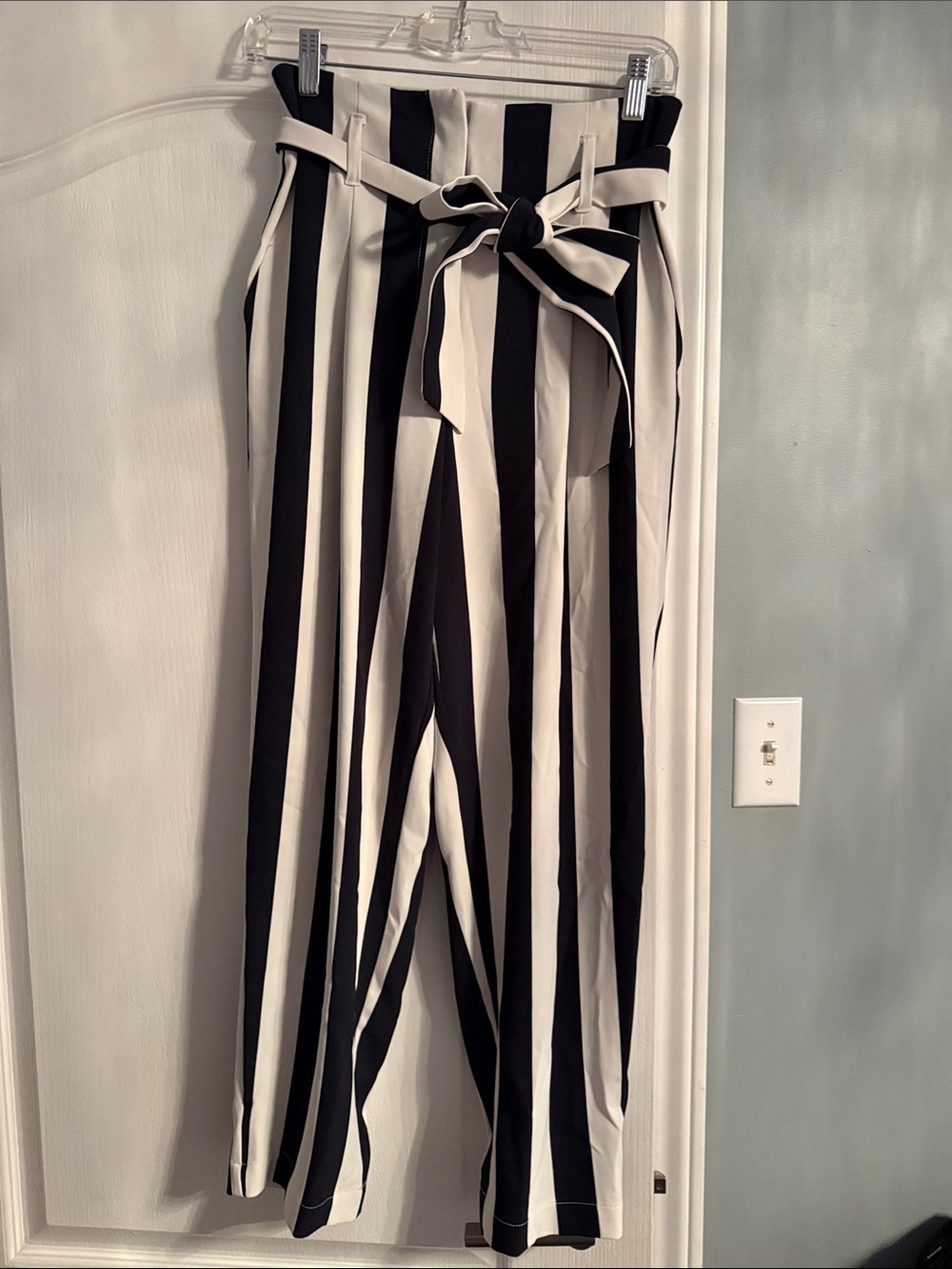 H&M Black & White Vertical Stripe Paperbag Waist Wide-Leg Pants